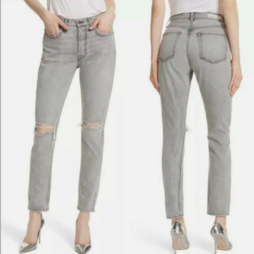 GRLFRND Grey Button Fly Distressed Karolina Jeans Slim Straight High Rise Basic